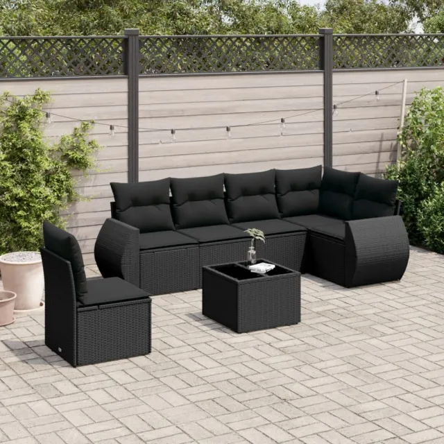 Salon de jardin 7 pcs avec coussins noir résine tressée