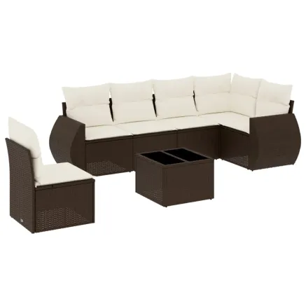 Salon de jardin avec coussins 7 pcs marron résine tressée 2
