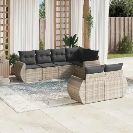 Salon de jardin avec coussins 7 pcs gris clair résine tressée