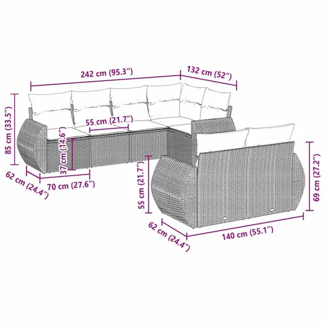 Salon de jardin avec coussins 7 pcs gris clair résine tressée