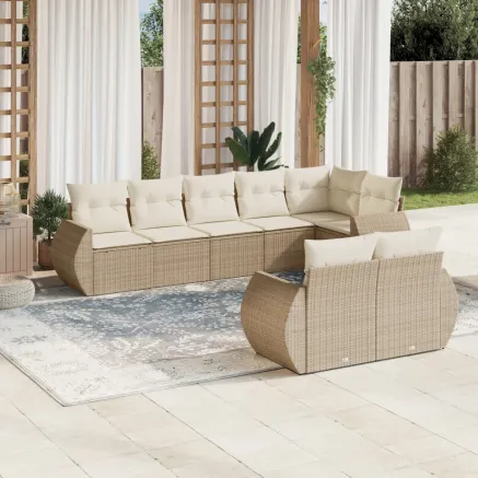 Salon de jardin avec coussins 8 pcs beige résine tressée