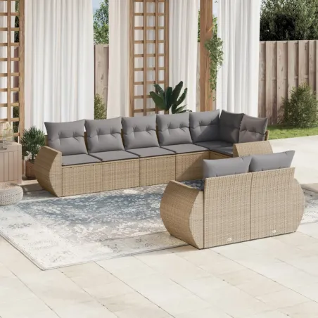 Salon de jardin avec coussins 8 pcs beige résine tressée