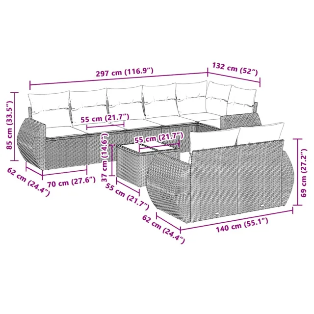 Salon de jardin 9 pcs avec coussins gris clair résine tressée