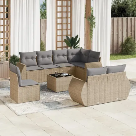 Salon de jardin avec coussins 9 pcs beige résine tressée
