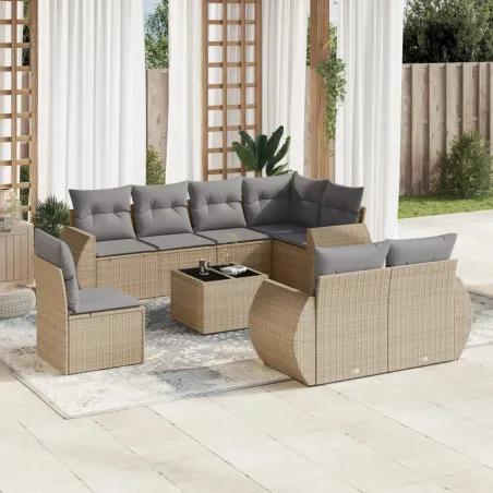 Salon de jardin avec coussins 9 pcs beige résine tressée