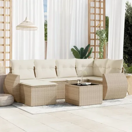 Salon de jardin avec coussins 7 pcs beige résine tressée