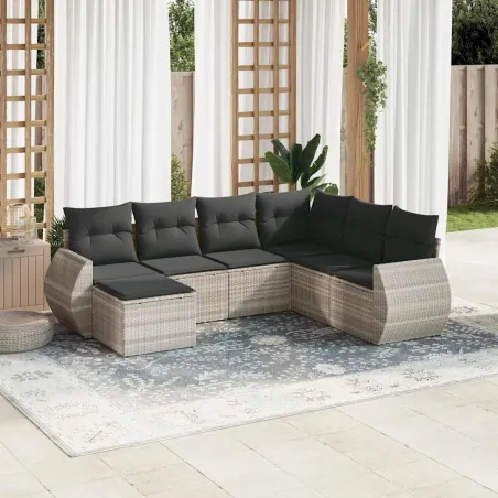 Salon de jardin avec coussins 7 pcs gris clair résine tressée