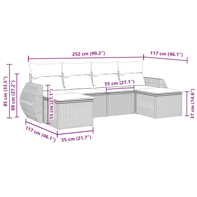 Salon de jardin 6 pcs avec coussins noir résine tressée