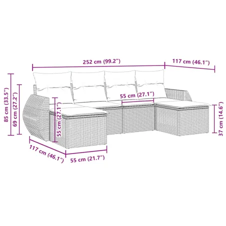 Salon de jardin 6 pcs avec coussins noir résine tressée