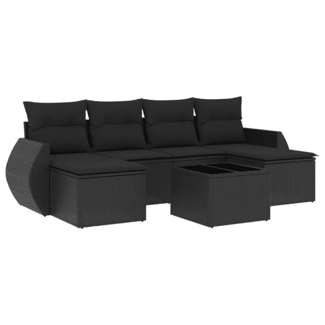 Salon de jardin 7 pcs avec coussins noir résine tressée