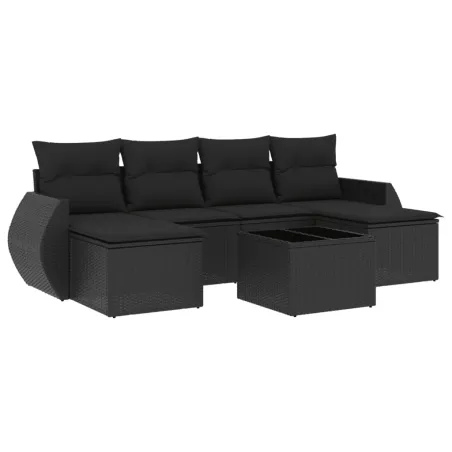 Salon de jardin 7 pcs avec coussins noir résine tressée