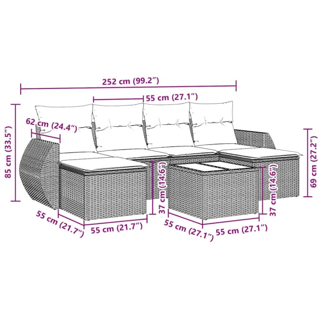 Salon de jardin 7 pcs avec coussins noir résine tressée