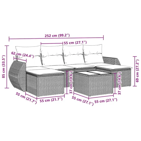 Salon de jardin 7 pcs avec coussins noir résine tressée