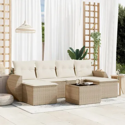 Salon de jardin avec coussins 7 pcs beige résine tressée