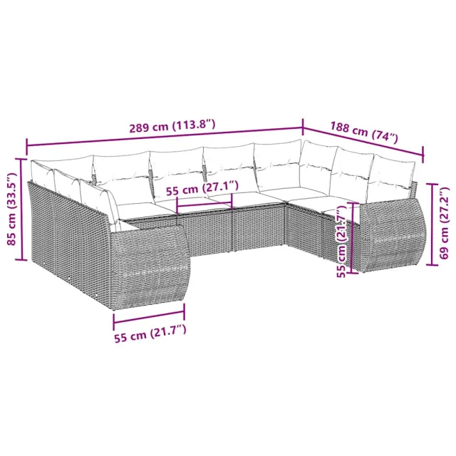 Salon de jardin 9 pcs avec coussins noir résine tressée