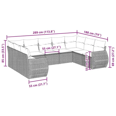 Salon de jardin 9 pcs avec coussins noir résine tressée