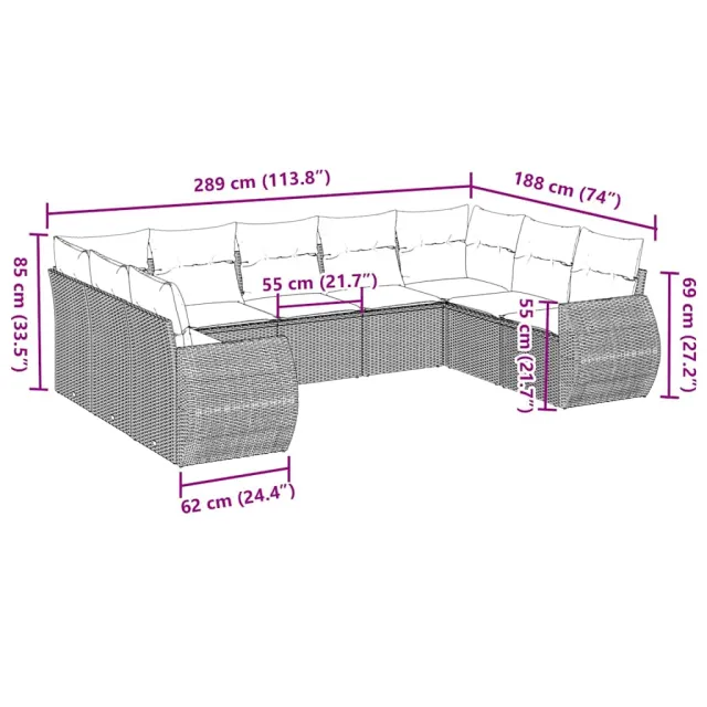 Salon de jardin 9 pcs avec coussins gris clair résine tressée