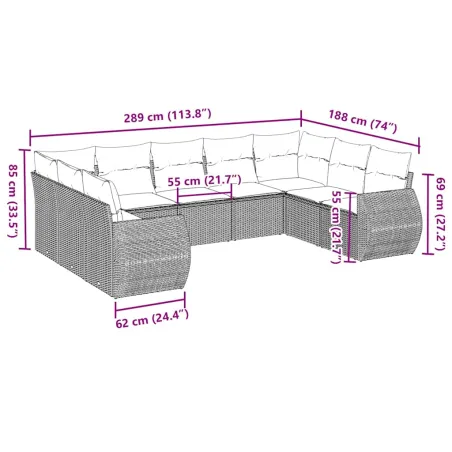 Salon de jardin 9 pcs avec coussins gris clair résine tressée