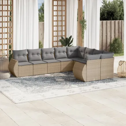 Salon de jardin avec coussins 9 pcs beige résine tressée