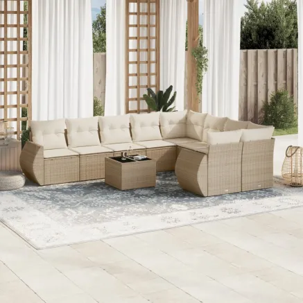 Salon de jardin avec coussins 10 pcs beige résine tressée