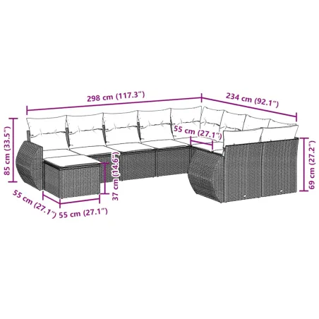 Salon de jardin 10 pcs avec coussins noir résine tressée