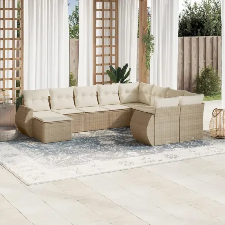 Salon de jardin avec coussins 10 pcs beige résine tressée