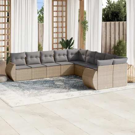 Salon de jardin avec coussins 10 pcs beige résine tressée