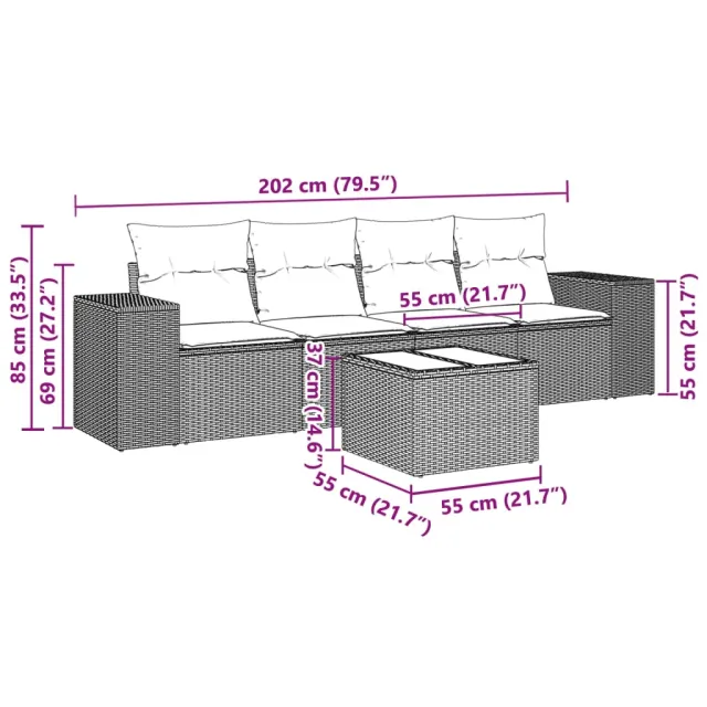 Salon de jardin 5 pcs avec coussins gris clair résine tressée