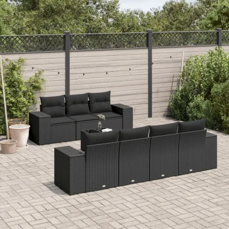 Salon de jardin 8 pcs avec coussins noir résine tressée