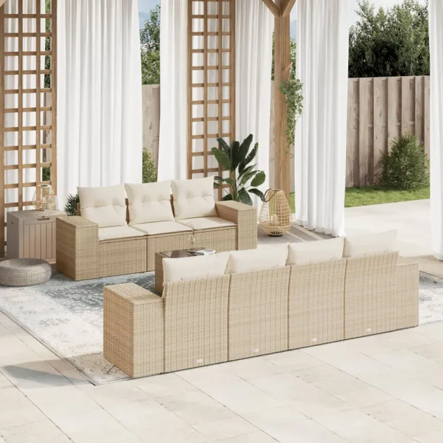 Salon de jardin avec coussins 8 pcs beige résine tressée