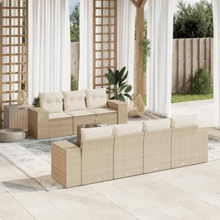 Salon de jardin avec coussins 8 pcs beige résine tressée