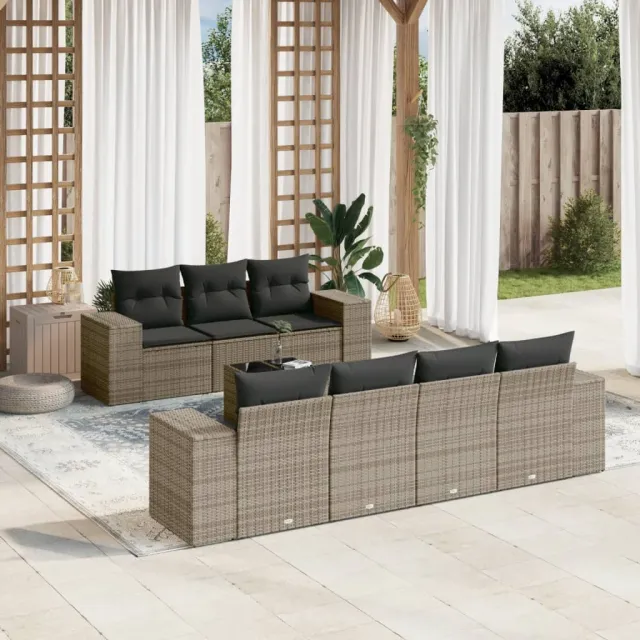 Salon de jardin 8 pcs avec coussins gris résine tressée