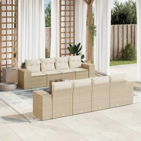 Salon de jardin avec coussins 9 pcs beige résine tressée
