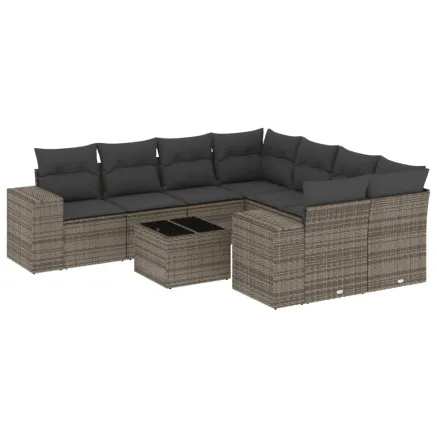 Salon de jardin 9 pcs avec coussins gris résine tressée 2