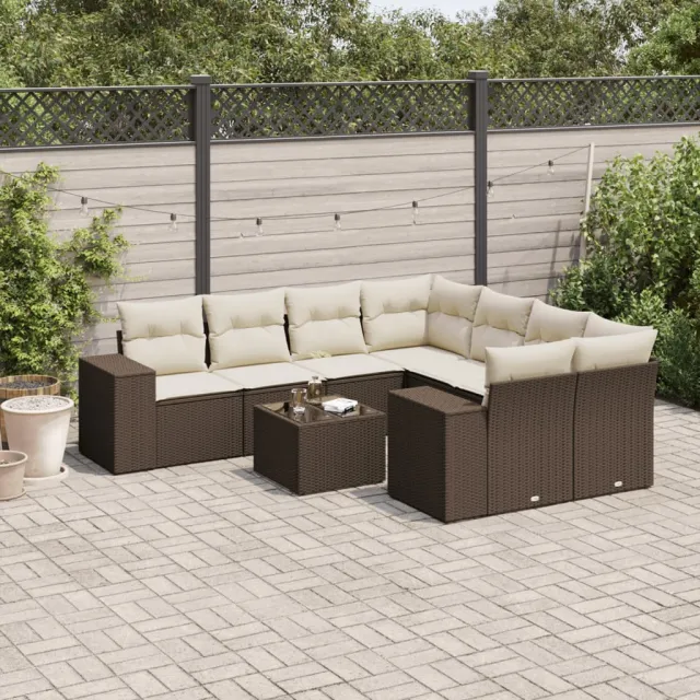 Salon de jardin avec coussins 9 pcs marron résine tressée