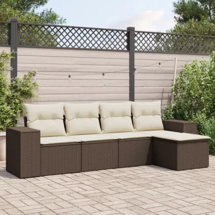 Salon de jardin avec coussins 5 pcs marron résine tressée