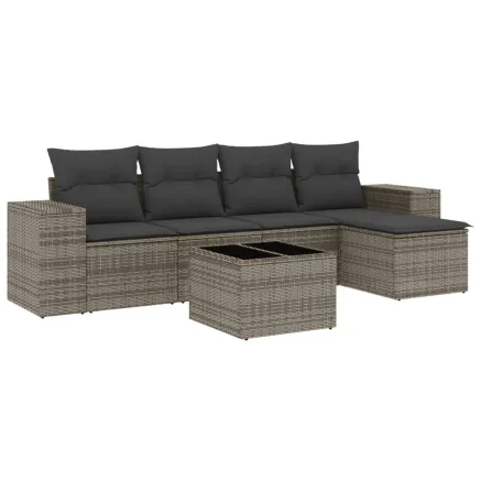 Salon de jardin 6 pcs avec coussins gris résine tressée 2