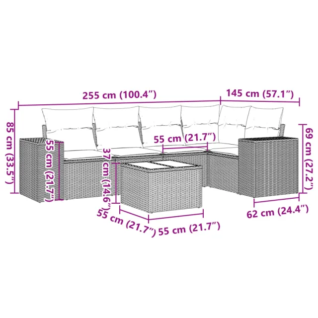 Salon de jardin 6 pcs avec coussins noir résine tressée