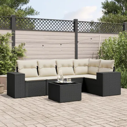 Salon de jardin 6 pcs avec coussins noir résine tressée