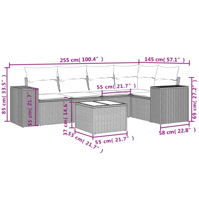 Salon de jardin 6 pcs avec coussins noir résine tressée