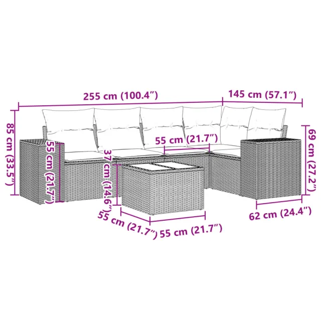 Salon de jardin 6 pcs avec coussins gris résine tressée