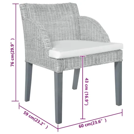 Chaises à manger avec coussins lot de 2 gris rotin naturel