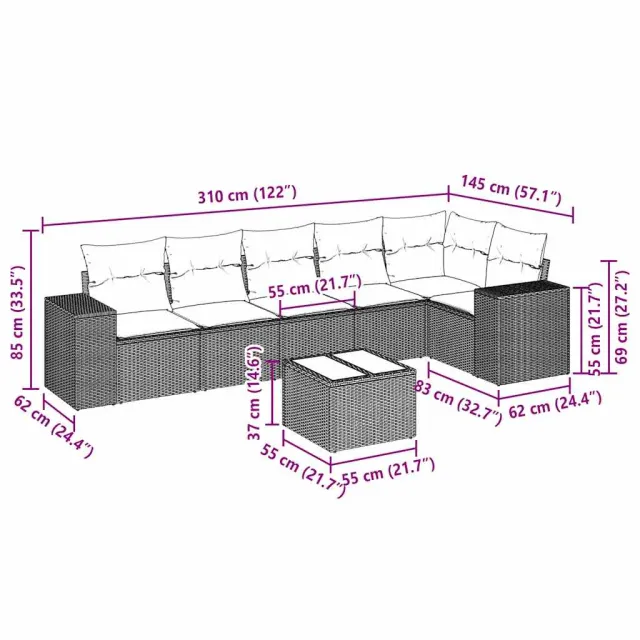 Salon de jardin avec coussins 7 pcs gris clair résine tressée
