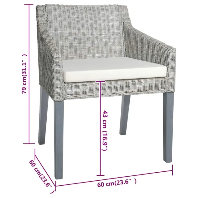 Chaises à manger avec coussins lot de 2 gris rotin naturel