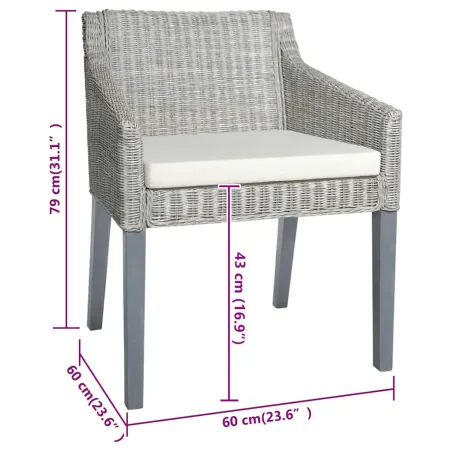 Chaises à manger avec coussins lot de 2 gris rotin naturel