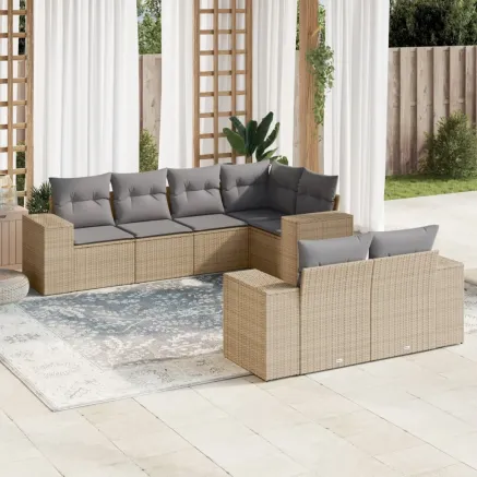 Salon de jardin avec coussins 7 pcs beige résine tressée