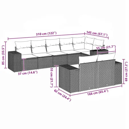 Salon de jardin 8 pcs avec coussins noir résine tressée