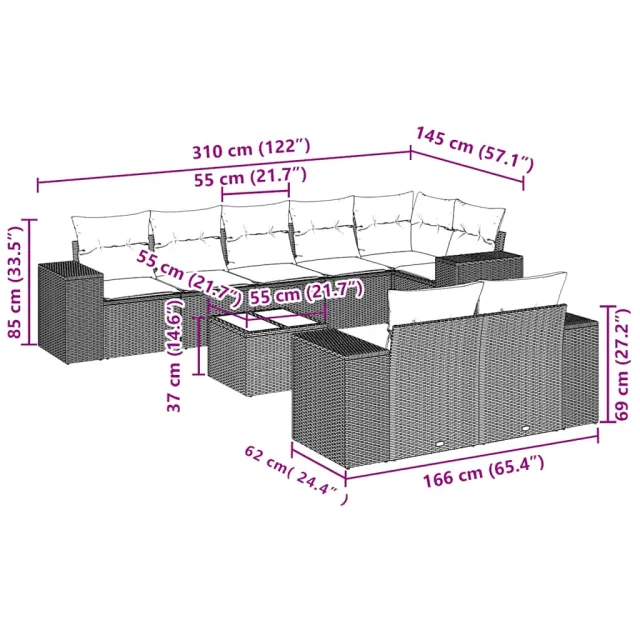 Salon de jardin 9 pcs avec coussins gris clair résine tressée