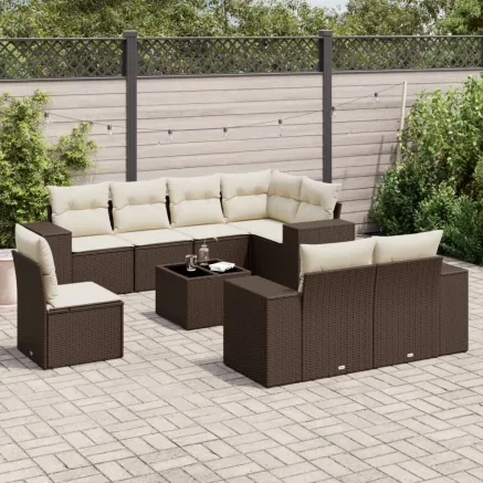 Salon de jardin avec coussins 9 pcs marron résine tressée