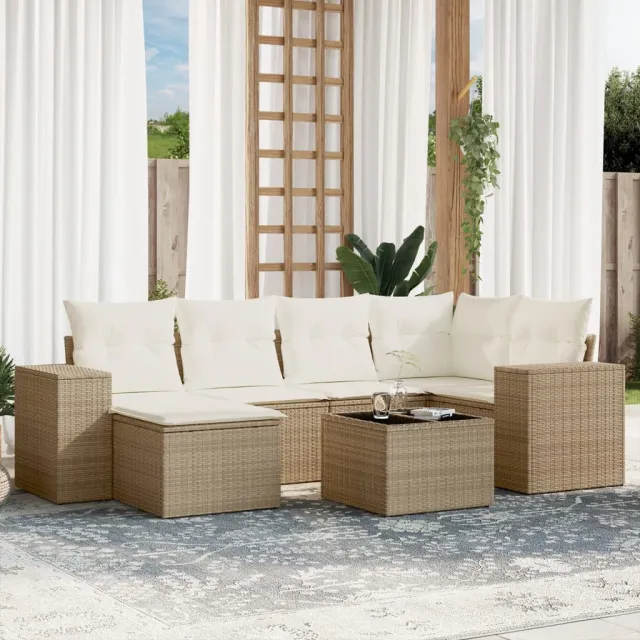 Salon de jardin avec coussins 7 pcs beige résine tressée